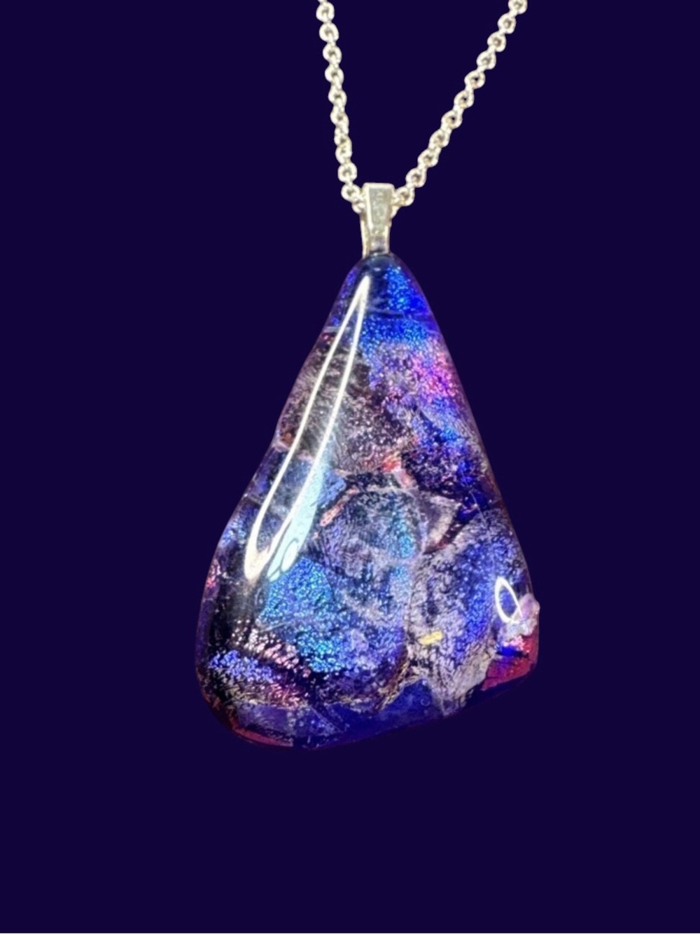 Handcrafted Artisan Cobalt Blue Sterling Silver Dichroic Glass Pendant Necklace